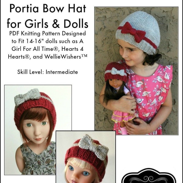 Portia Bow Hat Knitting Pattern Fits Girls and 14-16" Dolls such as WellieWishers, H4H, and AGAT - A Little Knitty - PDF - Pixie Faire