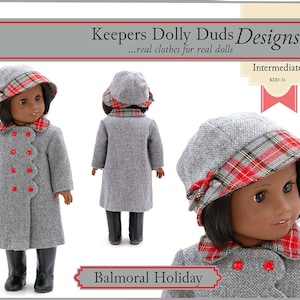 May include: A grey coat with a red plaid collar and red buttons. The coat is being worn by a doll with a grey hat with a red plaid trim. The doll is wearing black boots. The image is for a sewing pattern for a doll's coat.