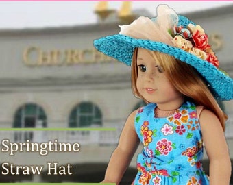 Springtime Straw Hat 18 inch Doll Clothes Crochet Pattern Fits Popular 18" Dolls - Sweet Pea Fashions - PDF - Pixie Faire
