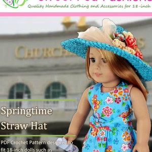 May include: A blue and white crochet straw hat with a floral trim. The hat is designed to fit 18-inch dolls, such as American Girl dolls. The hat is a PDF crochet pattern, and the skill level is advanced beginner. Copyright 2015 Sweet Pea Fashions.