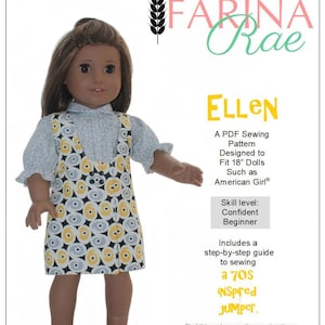 May include: A PDF sewing pattern for an 18-inch doll, featuring a 70s inspired jumper with a geometric print. The pattern is designed for dolls such as American Girl. The pattern includes a step-by-step guide to sewing the jumper. The pattern is by Farina Rae.