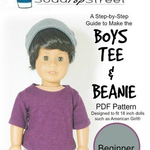 May include: A PDF pattern for a boys' tee shirt and beanie, designed to fit 18-inch dolls. The pattern is labelled "Beginner" and includes a photo of a doll wearing the finished items. The doll is wearing a purple tee shirt and a grey beanie.