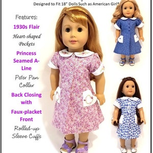 Könnte beinhalten: Ein Schnittmuster für ein 45,7 cm großes Puppenkleid im Stil der 1930er Jahre. Das Kleid hat einen Peter-Pan-Kragen, herzförmige Taschen, einen geschmeidigen A-Linien-Rock und hochgekrempelte Ärmel. Das Schnittmuster ist für Näherinnen mit mittlerem Können gedacht. "The Pocket Full of Posies Dress" steht auf dem Schnittmuster. Copyright 2019 Frog Princess Fashions, Alle Rechte vorbehalten.
