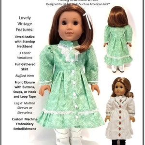 May include: A sewing pattern for a doll dress called "Holly and Lace Dress" designed to fit 18 inch dolls. The pattern features a fitted bodice with a stand-up neckband, full gathered skirt, ruffled hem, and leg o' mutton sleeves or sleeveless options. The pattern is for an intermediate level sewer and includes custom machine embroidery embellishment.