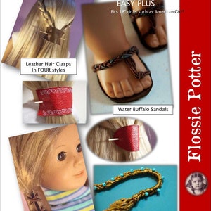 May include: A PDF sewing pattern for 18-inch dolls, featuring accessories from the 1960s and 1970s. The pattern includes instructions for making leather hair clasps, water buffalo sandals, and a braided belt.