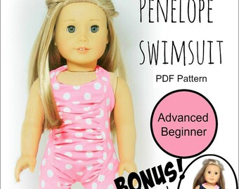 Penelope Swimsuit & Wrapped Cover Up 18 inch Doll Clothes Pattern Fits Popular 18" Dolls - Soda Pop Street - PDF - Pixie Faire