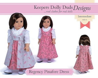May include: A sewing pattern for a Regency Pinafore Dress for dolls. The pattern is for an intermediate skill level and is from Keepers Dolly Duds Designs. The pattern includes instructions for making a pink and gray dress with a white lace collar.