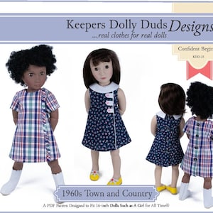 May include: Dolls in vintage dresses are shown. One doll wears a blue and white checked dress, others wear navy blue floral dresses with white collars. The image includes the text "Keepers Dolly Duds Designs" and "1960s Town and Country".