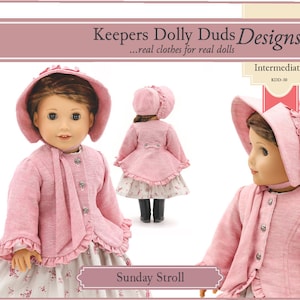 May include: A pink doll outfit with a matching bonnet, designed for intermediate sewing skill level. The outfit is called "Sunday Stroll" and is part of the Keepers Dolly Duds Designs line.