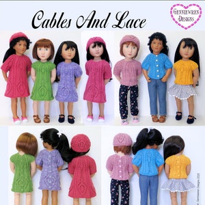 May include: A collection of knitted doll dresses and sweaters in various colours, including pink, purple, green, blue, and yellow. The doll clothes are designed with cable and lace patterns. The image includes the text "Cables And Lace" and "GennieWren Designs".