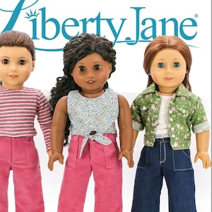 May include: A sewing pattern for wide leg jeans designed to fit 18 inch dolls, such as American Girl dolls. The pattern is for an intermediate sewing level. The image shows three dolls wearing different versions of the jeans.