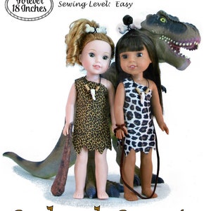 May include: Two 14.5 inch dolls dressed in prehistoric-themed outfits, with a dinosaur toy in the background. The dolls are wearing leopard print dresses with bone necklaces and have brown hair. The text "Bedrock Beauty" is written in brown letters at the bottom of the image.