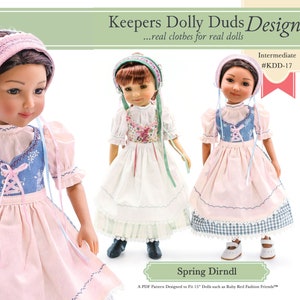 Op de afbeelding: Een PDF-naaipatroon voor een lentedirndl voor poppen van 38 cm. Het patroon heet "Keepers Dolly Duds Designs" en is gemarkeerd met "#KDD-17". Het patroon bevat instructies voor het maken van een roze en blauwe dirndl met een wit bloesje en een bijpassend hoofdband.