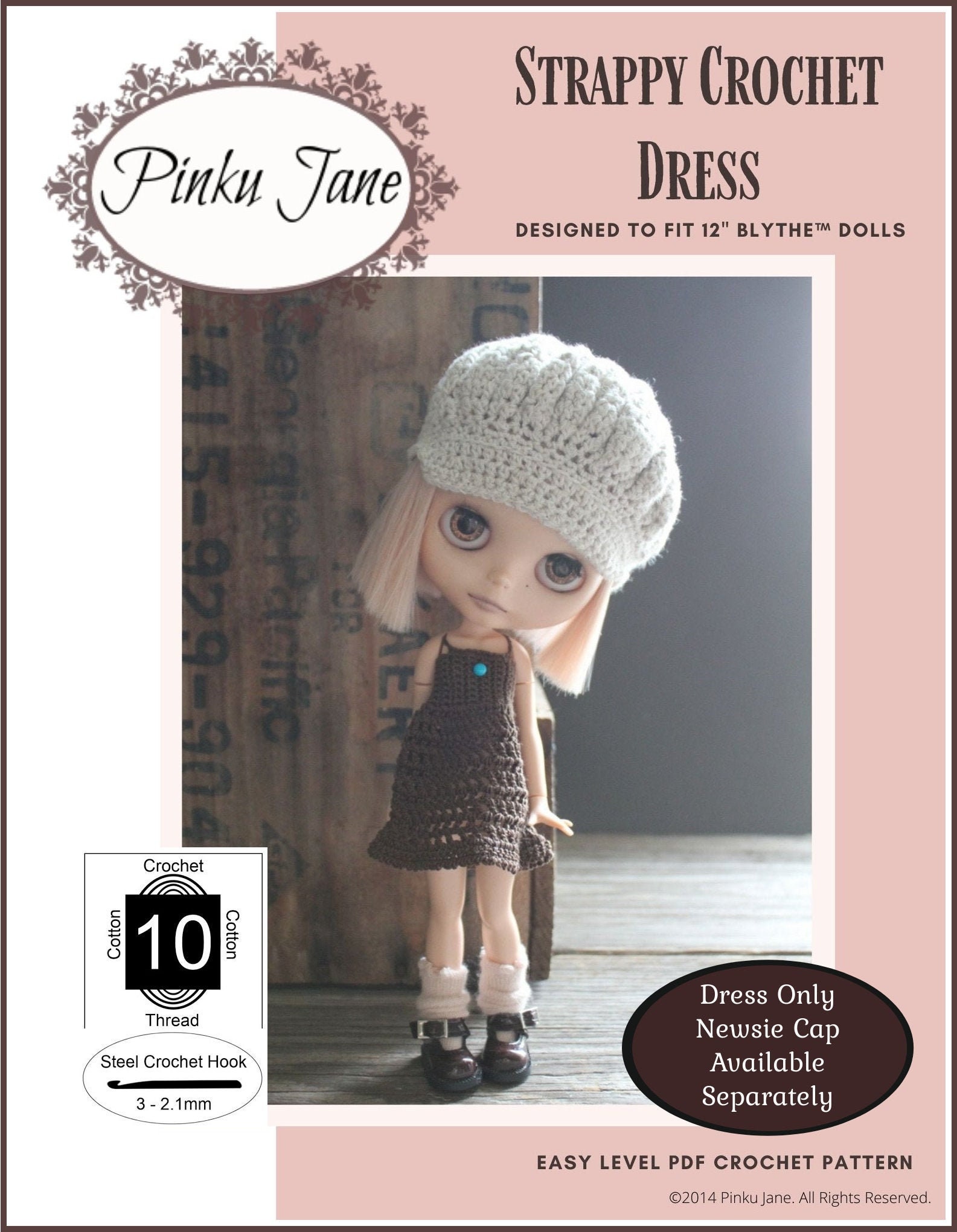 Strappy Crochet Dress 12 inch Doll Clothes Crochet Pattern Fits 12" Blythe™ Dolls - Pinku Jane - PDF - Pixie Faire