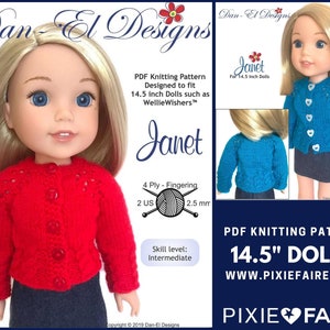 May include: PDF knitting pattern for 14.5 inch dolls, featuring a blue cardigan with white heart accents and a red cardigan with buttons. The pattern is titled "Janet" and includes instructions for 4 ply fingering yarn and 2.5 mm needles. The pattern is for an intermediate skill level.