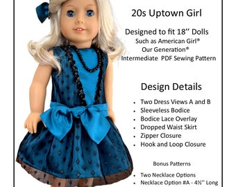 May include: A teal blue dress with a black lace overlay and a white bow. The dress is designed for 18-inch dolls, such as American Girl® and Our Generation®. The pattern is an intermediate PDF sewing pattern. The image also shows two necklace options, one 4 1/2 inches long and the other 5 1/2 inches long.