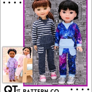 May include: A PDF sewing pattern for a two-piece tracksuit for 14.5-15 inch dolls. The pattern is called "Fast Track Suit" and is a confident beginner level pattern. The image shows two dolls wearing the tracksuit in different fabric patterns. One doll is wearing a blue and white striped top with blue trousers and the other doll is wearing a blue and purple galaxy print top with purple trousers.