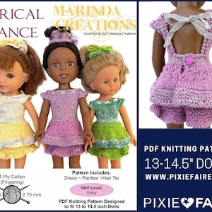 May include: PDF knitting pattern for 13-14.5 inch dolls. The pattern includes a dress, panties, and hair tie. The pattern is designed for easy knitting and is shown on three dolls wearing the finished garments. The dolls are wearing a yellow, pink, and green dress.