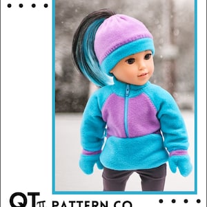 May include: A sewing pattern for a purple and blue fleece hat and mittens for 18 inch dolls, such as American Girl dolls. The pattern is titled "Arctic Fleece Pony Hat & Mittens" and is from QT PATTERN CO. The pattern is for a confident beginner level sewer.