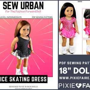May include: PDF sewing pattern for an ice skating dress for 18 inch dolls. The pattern is designed to fit dolls such as American Girl. The image shows a doll wearing a black and white ice skating dress with a white skirt. The doll is wearing white ice skates. The image also shows a doll wearing a pink ice skating dress with a pink skirt. The doll is wearing white ice skates. The image also shows a doll wearing a white skirt. The image includes the text "Sew Urban" and "Ice Skating Dress".