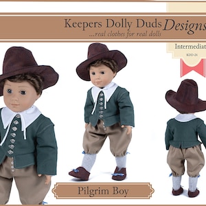 May include: A sewing pattern for a Pilgrim Boy doll outfit. The pattern includes instructions for making a green jacket, brown pants, a white collar, and a brown hat. The pattern is labeled "Intermediate" and "KDD-24".