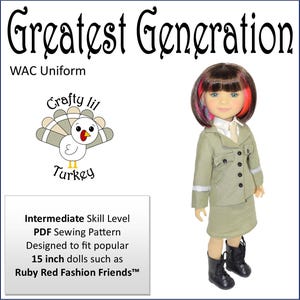 Könnte beinhalten: Ein PDF-Schnittmuster für ein 38 cm großes Puppenuniform. Die Uniform ist eine grüne WAC-Uniform mit Rock und Jacke. Das Schnittmuster ist für fortgeschrittene Nähkenntnisse konzipiert und eignet sich für Puppen wie Ruby Red Fashion Friends. Das Schnittmuster trägt den Titel "Greatest Generation WAC Uniform".