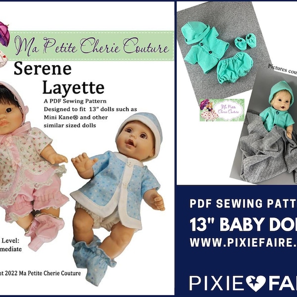 Serene Layette 13 inch Baby Doll Clothes Pattern Fits Baby Dolls such as MiniKane® - Ma Petite Cherie Couture - PDF - Pixie Faire