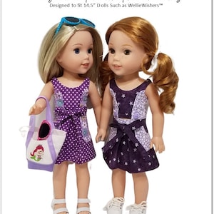 May include: Two dolls wearing purple outfits with star and polka dot patterns. The doll on the left is wearing a dress with a matching bag. The doll on the right is wearing a skirt and a top. The dolls are both wearing white shoes. The text on the image reads "FROG Princess Fashions Key West Wrap Dress, Top, Skirt, and Bag Designed to fit 14.5" Dolls Such as WellieWishers™".
