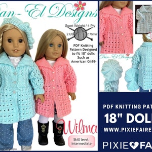 May include: PDF knitting pattern for 18 inch dolls, such as American Girl dolls. The pattern is called "Wilma" and is for an intermediate skill level. The pattern includes a blue and a pink cardigan with matching hats. The pattern is available on www.pixiefaire.com.