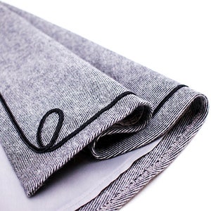 May include: A close-up of a gray and white fabric with a black trim. The fabric is folded in half and the trim is visible on the edge. The fabric is textured and has a herringbone pattern. The text "KeepersDollyDuds Designs &copy;2021, Eve Coleman. All Rights Reserved." is visible at the bottom of the image.