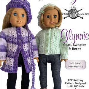May include: Two dolls modelling knitted outfits. One doll wears a purple coat, hat, and scarf, the other a green sweater and beret. The image includes text reading "Dan-El Designs" and "Glynnie Coat, Sweater & Beret". The pattern is designed to fit 45.7 cm dolls.