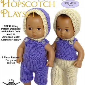 May include: Knitting pattern for a two-piece doll outfit, including a dungaree and a helmet. The pattern is designed for 8-inch dolls, such as American Girl® dolls. The pattern is written in English and includes instructions for knitting with 4-ply yarn on 2.75 mm needles. The pattern is easy to follow and includes clear instructions and diagrams.