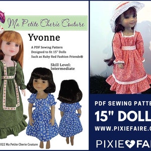 Puede incluir: Un patrón de costura PDF para muñecas de 38 cm, con un vestido verde con ribete blanco, un vestido floral azul y un vestido rosa con ribete blanco. El patrón se titula "Yvonne" y está diseñado por Ma Petite Cherie Couture.