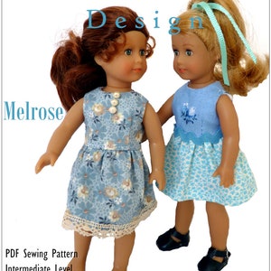 Puede incluir: Un patrón de costura PDF para un vestido de muñeca llamado "Melrose" diseñado para muñecas de 16,5 cm, como American Girl® Mini. El patrón es para un nivel de costura intermedio. La imagen muestra dos muñecas con el vestido en diferentes patrones de tela.
