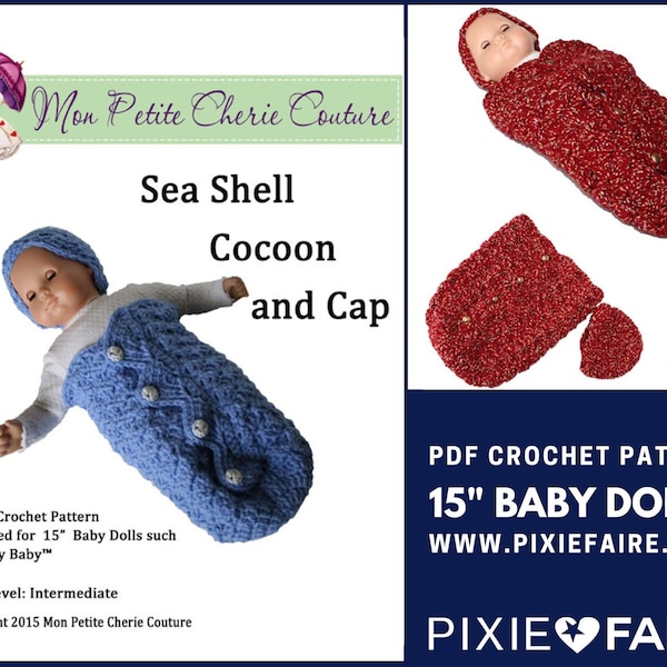 Sea Shell Cocoon 15 inch Doll Clothes Crochet Pattern Fits Baby Dolls such as Bitty Baby® - Ma Petite Cherie Couture - PDF - Pixie Faire