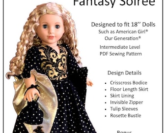 May include: A PDF sewing pattern for a Fantasy Soiree dress designed to fit 18-inch dolls, such as American Girl® and Our Generation®. The pattern includes a crisscross bodice, floor-length skirt, skirt lining, invisible zipper, tulip sleeves, rosette bustle, and a draw-string bag.