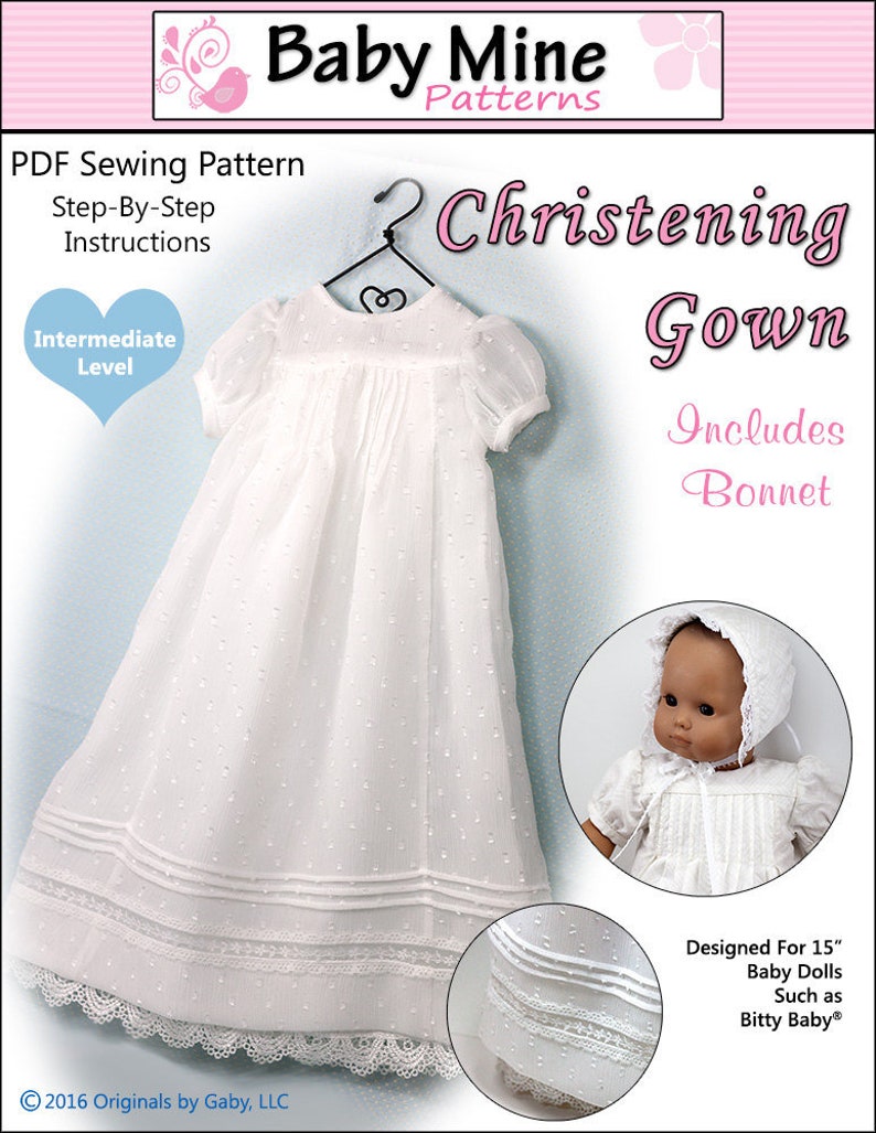 Christening Gown & Bonnet 15 Inch Doll Clothes Pattern Fits Baby Dolls such as Bitty Baby™ Baby Mine PDF Pixie Faire image 1