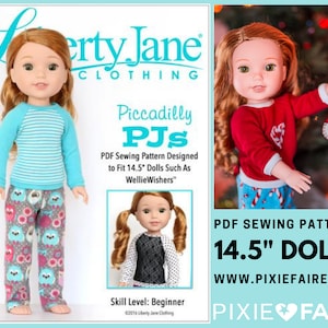 May include: PDF sewing pattern for 14.5 inch dolls, featuring a doll wearing a red and white striped pajama top and pants. The pattern is titled "Piccadilly PJs" and is designed for dolls such as WellieWishers. The pattern is available on the website www.pixiefaire.com.