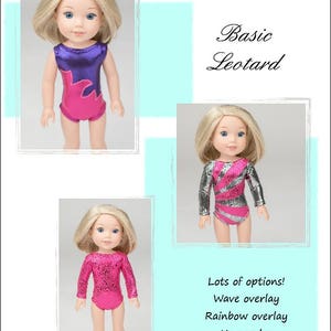 Puede incluir: Tres im&aacute;genes de una mu&ntilde;eca con un leotardo. El primer leotardo es morado y rosa con un dise&ntilde;o de llama. El segundo leotardo es plateado y rosa con un dise&ntilde;o de onda. El tercer leotard es rosa con brillo. El texto "Leotardo b&aacute;sico" y "&iexcl;Muchas opciones! Superposici&oacute;n de onda Superposici&oacute;n de arco&iacute;ris Sin superposici&oacute;n" tambi&eacute;n es visible.