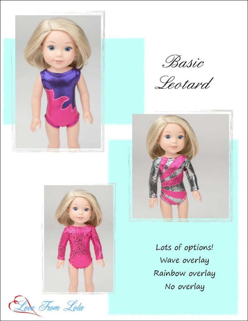 Puede incluir: Tres im&aacute;genes de una mu&ntilde;eca con un leotardo. El primer leotardo es morado y rosa con un dise&ntilde;o de llama. El segundo leotardo es plateado y rosa con un dise&ntilde;o de onda. El tercer leotard es rosa con brillo. El texto "Leotardo b&aacute;sico" y "&iexcl;Muchas opciones! Superposici&oacute;n de onda Superposici&oacute;n de arco&iacute;ris Sin superposici&oacute;n" tambi&eacute;n es visible.