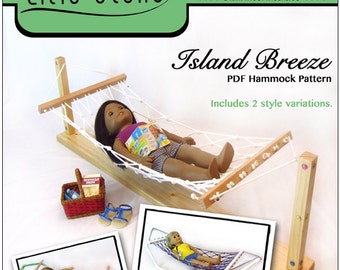 May include: A PDF pattern for a doll-sized hammock, featuring two different styles. The hammock is made of white string and is supported by wooden poles. The pattern is titled "Island Breeze" and is perfect for 18-inch dolls.