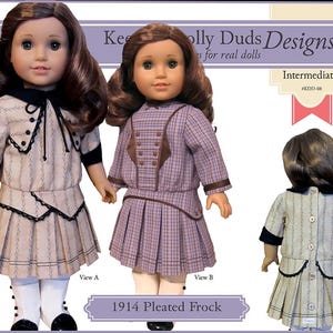 May include: Three dolls wearing vintage-style dresses. The dresses are in various colors and patterns, including a striped and a plaid design. The dresses have pleated skirts and decorative collars. The text "1914 Pleated Frock" is visible.