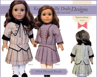 May include: Three dolls wearing vintage-style dresses. The dresses are in various colors and patterns, including a striped and a plaid design. The dresses have pleated skirts and decorative collars. The text "1914 Pleated Frock" is visible.