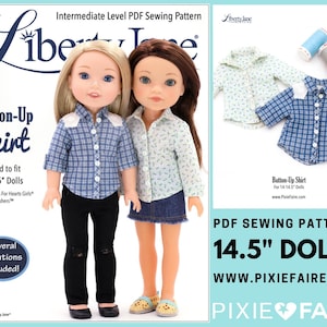 May include: PDF sewing pattern for a button-up shirt designed to fit 14-14.5 inch dolls. The pattern includes several variations and is suitable for dolls like Hearts For Hearts Girls and WellieWishers. The image shows two dolls wearing different versions of the shirt, one in a blue plaid and the other in a floral print.