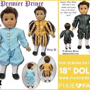 May include: PDF sewing pattern for 18-inch dolls, featuring a prince costume with two different views. View A shows a light blue doublet with white buttons and matching pants. View B shows a gold doublet with blue and gold trim and matching pants. The pattern is titled "Le Premier Prince" and includes the website address www.pixiefaire.com.