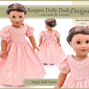 May include: A pink ball gown with lace trim and puff sleeves for a doll. The pattern is called "Meg's Ball Gown" and is labeled as "Intermediate" with the number #KDD-44. The doll is wearing the gown and has brown hair.
