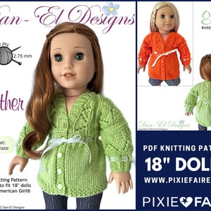 May include: PDF knitting pattern for 18 inch dolls, featuring a green cardigan with a white ribbon and buttons. The pattern is called "Esther" and is designed by Dan-El Designs. The pattern is available on Pixie Faire.