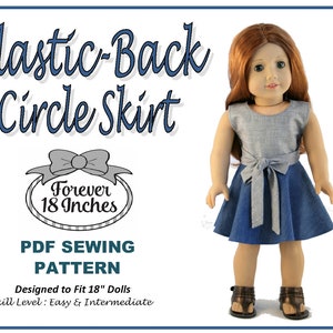 May include: PDF sewing pattern for an elastic-back circle skirt designed to fit 18-inch dolls. The pattern is for an easy to intermediate skill level.