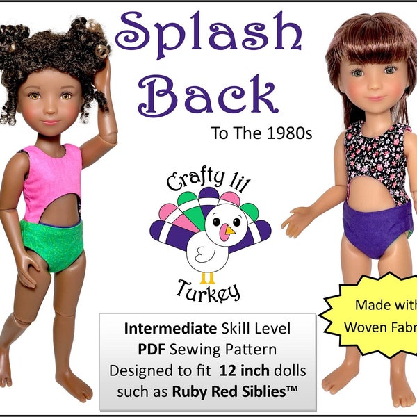 Splash Back To The 1980s Swimsuit 12 Inch Doll Clothes Pattern Fits Siblies® Dolls - Crafty Lil Turkey - PDF - Pixie Faire