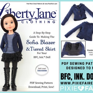 May include: PDF sewing pattern for a blue blazer and tiered skirt for BFC, Ink. dolls. The pattern includes instructions for making the blazer and skirt, as well as a finished blazer with front, back, and interior views. The pattern is designed for intermediate skill level.